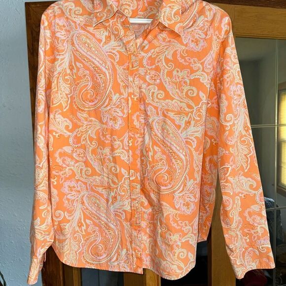 Chaps Women's Shirt Size XL Neon Orange Paisley 100% Cotton Long Sleeve Classic - Picture 2 of 10